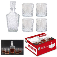 MA MAISON SET BOTTIGLIA IN VETRO DECORATO CON TAPPO DA WHISKY + 4 BICCHIERI IN VETRO SET DESIGN PER LIQUORI E AMARI
