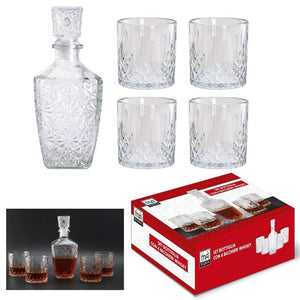 MA MAISON SET BOTTIGLIA IN VETRO DECORATO CON TAPPO DA WHISKY + 4 BICCHIERI IN VETRO SET DESIGN PER LIQUORI E AMARI