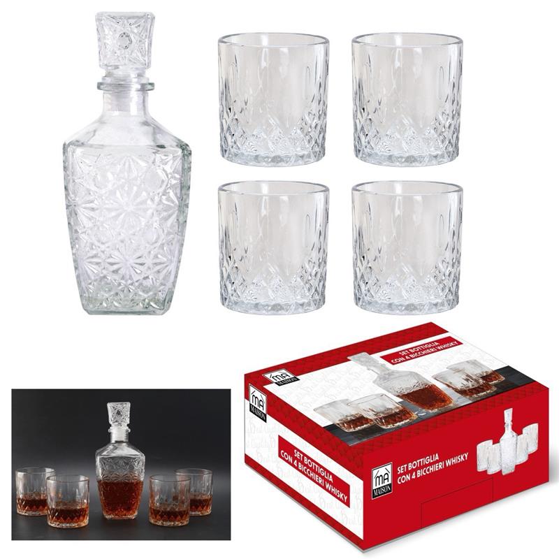 MA MAISON SET BOTTIGLIA IN VETRO DECORATO CON TAPPO DA WHISKY + 4 BICCHIERI IN VETRO SET DESIGN PER LIQUORI E AMARI