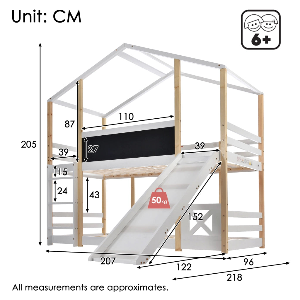 OKWISH Letto a Casetta 90×200 cm, Letto Singolo con Scivolo, Scala e Lavagna, senza Materasso, in Legno Massello, Bianco