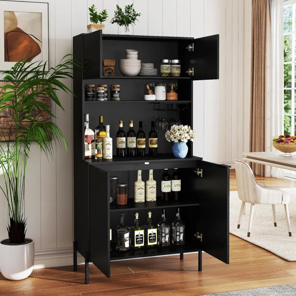 Armadio da cucina con piano di lavoro, armadietto a buffet con stazione di ricarica, buffet da cucina con porta bicchieri da vino e scaffale regolabile, multiuso, 80 x 40 x 164 cm