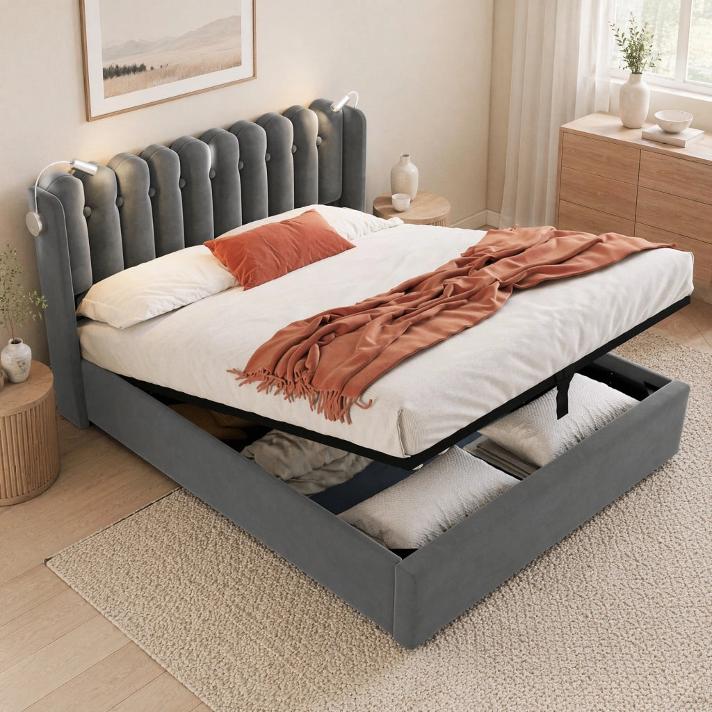 LETTO Contenitore 160x200 cm Velluto Grigio con USB e luce da lettura