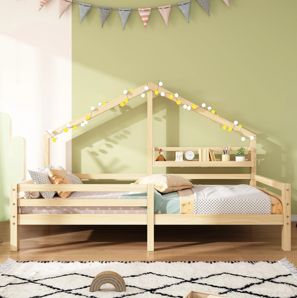 Letto a casetta per bambini con libreria 90x200 cm in pino naturale