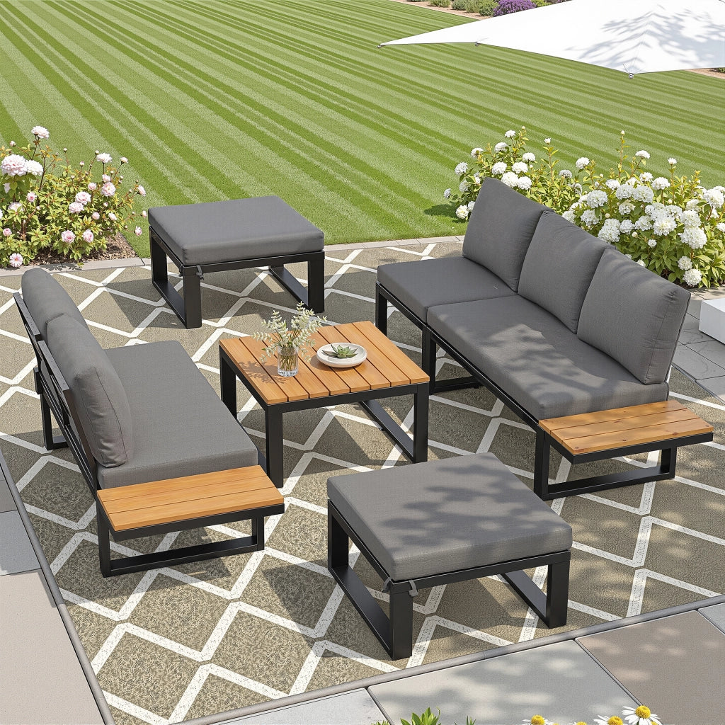 Set Lounge Divano Angolare da Giardino Esterno 6 Pezzi con Tavolino e Cuscini ¨C MINIMAL ¨C Acciaio, Grigio/Beige