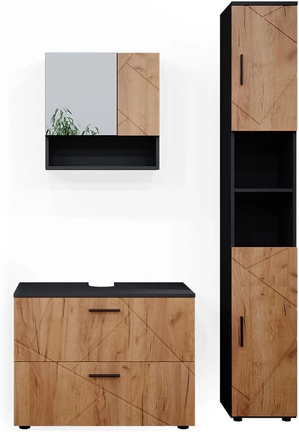 Set mobili bagno Irma, Quercia dorata/antracite, 80 cm, composto da mobile sottolavabo, specchiera e colonna alta