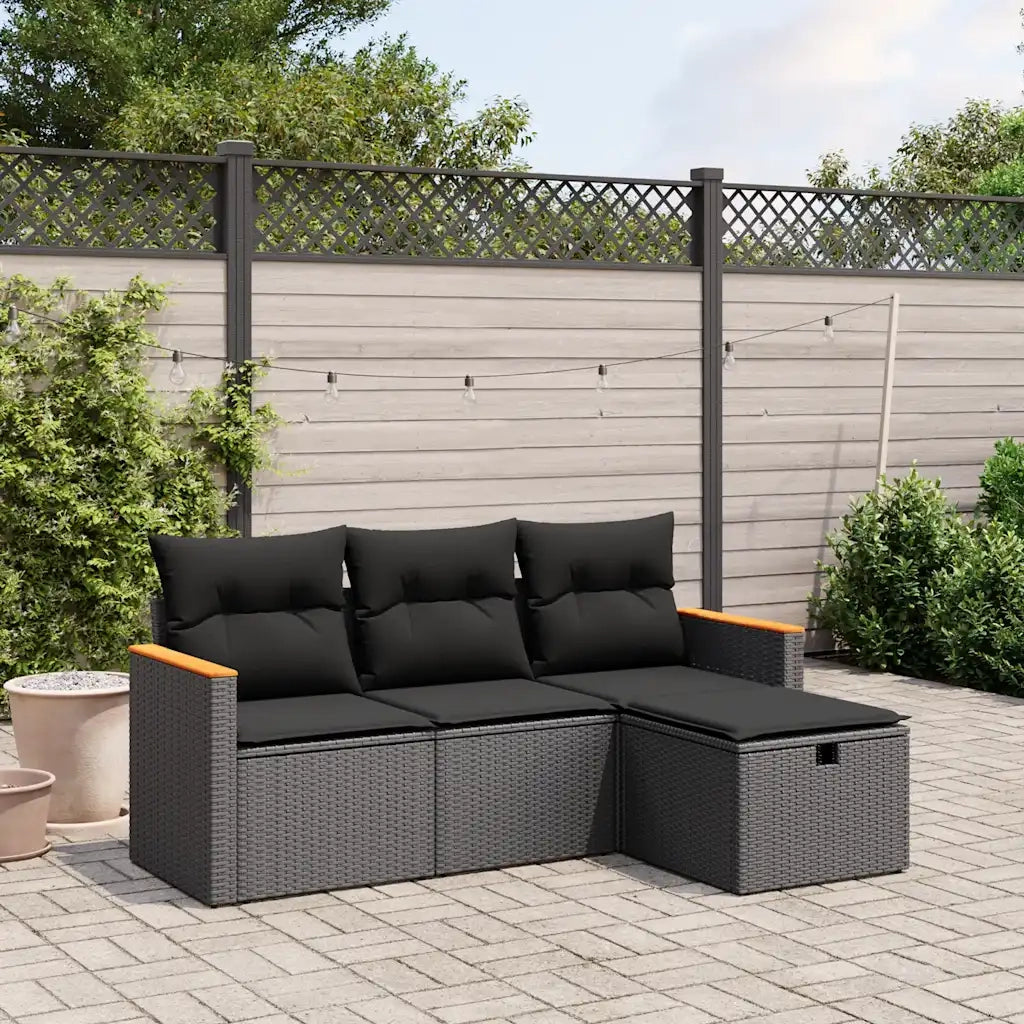 Set Divani da Giardino 4 pz | Set Salotto da Giardino con Cuscini Nero in Polyrattan
