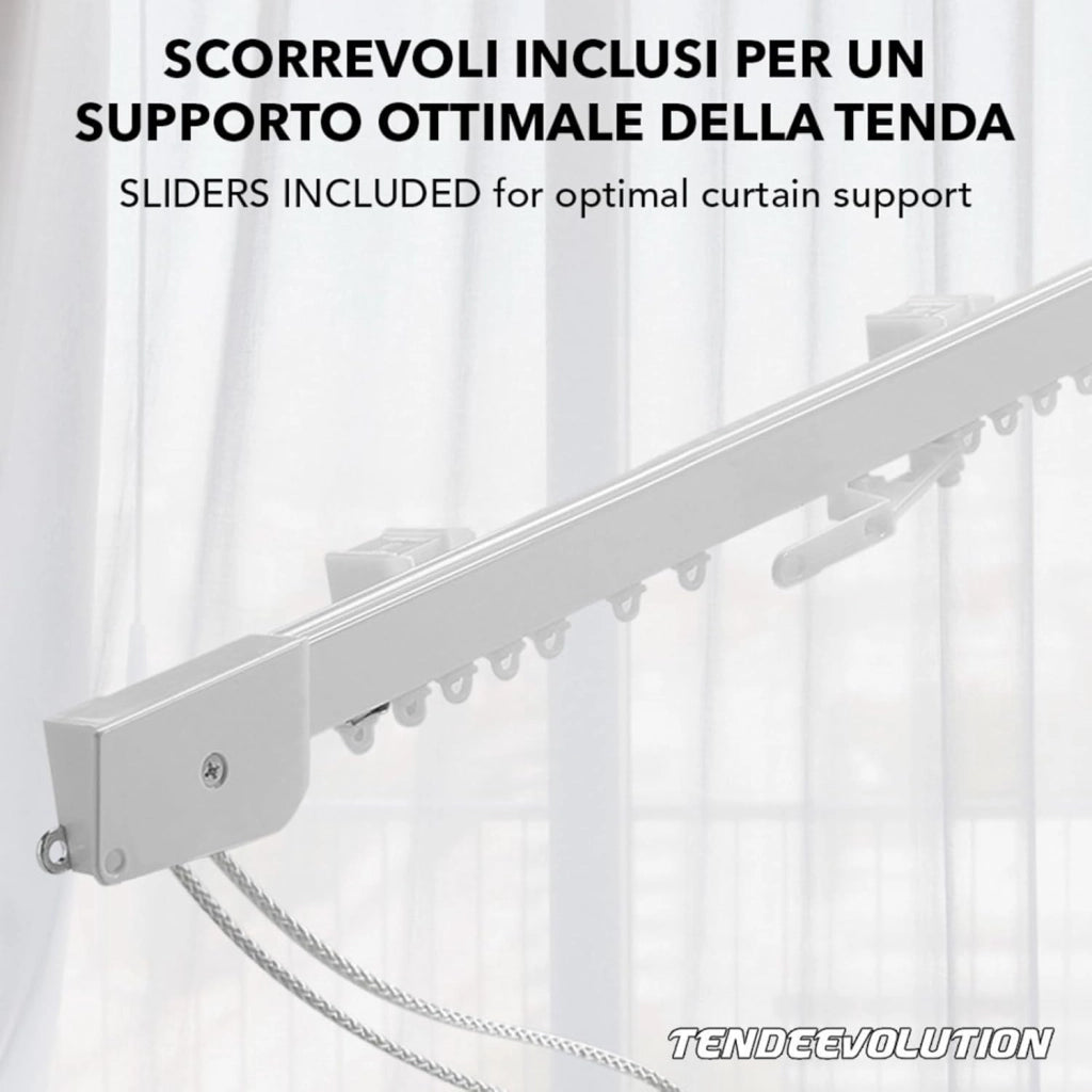 Binario Scorritenda Lineare da Soffitto in Alluminio Bianco con Movimento a Corda Apertura Centrale - Riloga Bastone per Tenda 220cm