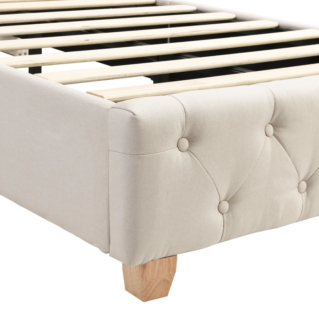 DESMIU Letto singolo 1 posto con testiera imbottita e borchie decorative 90 × 200 cm, senza materasso, beige