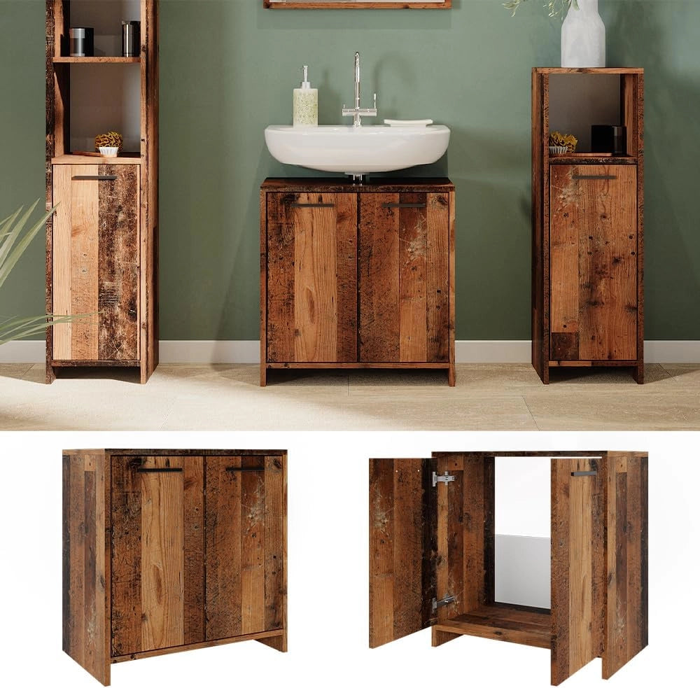 Mobile sottolavabo per bagno Kiko, Rovere rustico, 58 x 60 cm, con ritaglio per sifone e spazio di stoccaggio per l’organizzazione del bagno