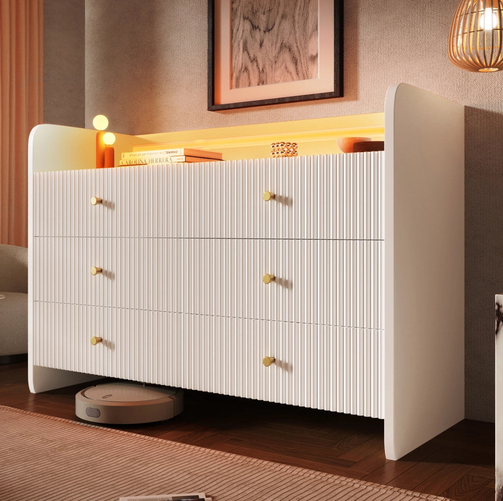 Credenza bianca con LED, 6 cassetti e design a onde, 120 x 40 x 75 cm
