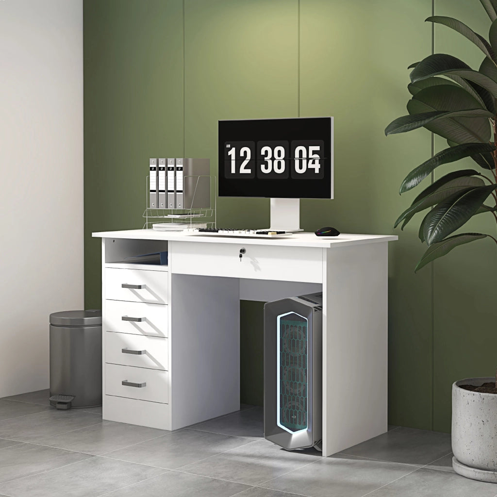 Scrivania moderna con 5 cassetti e ripiano ¨C Xylo ¨C Bianco 110x50x76cm