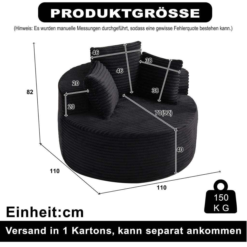 Fauteuil lounge rotondo con braccioli larghi e 3 cuscini, in velluto a coste e schiuma con molle nero 110 cm