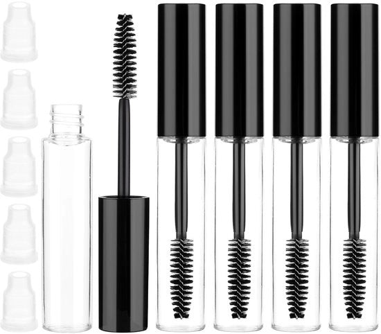 Mascarafles 10 ml - 5 pezzi - Pennello per ciglia con asta - Tubi riempibili - Canna trasparente - Adatto per olio di ricino - Pennello per ciglia