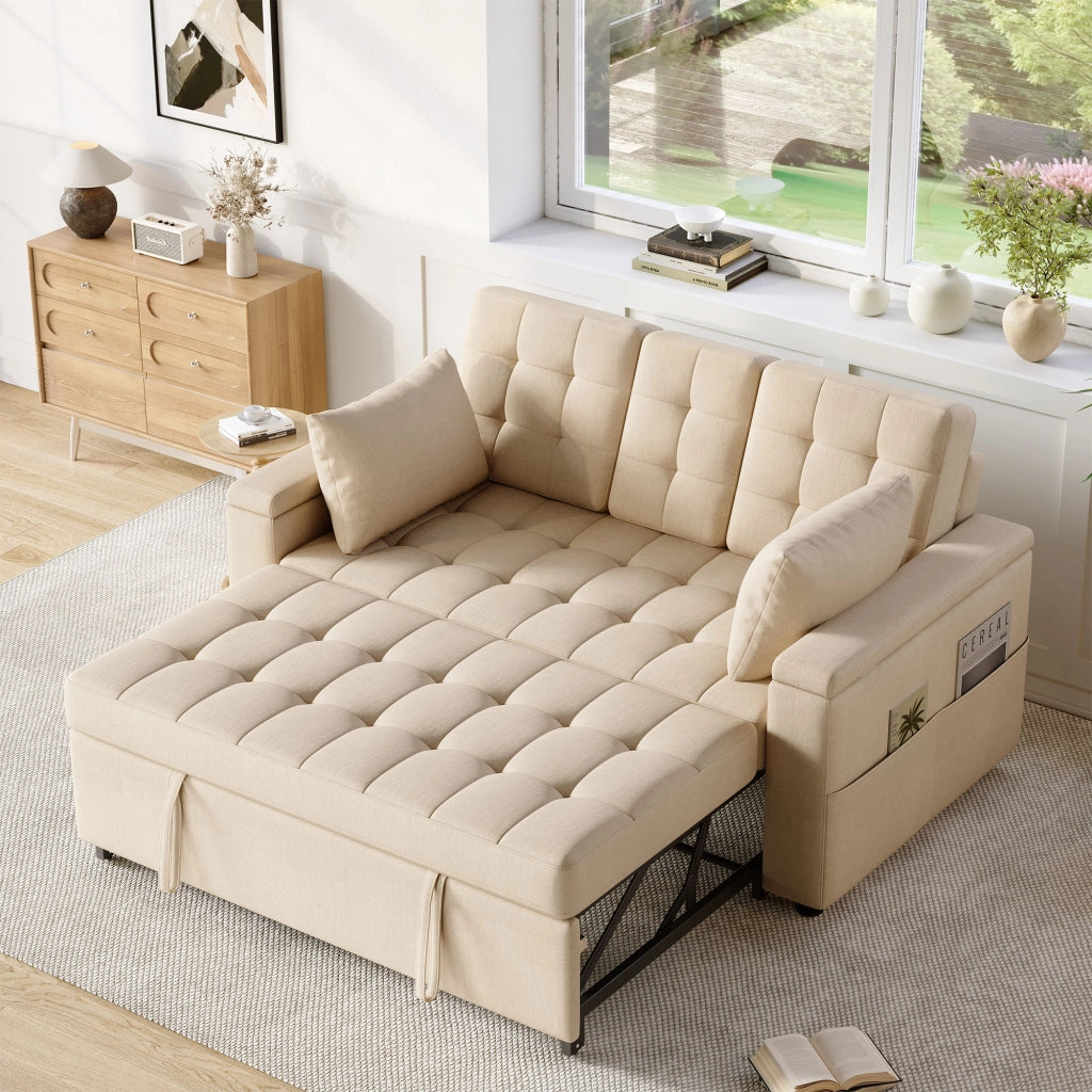 divano letto 2 posti con schienale regolabile; vani laterali e 2 cuscini; cotone e lino beige
