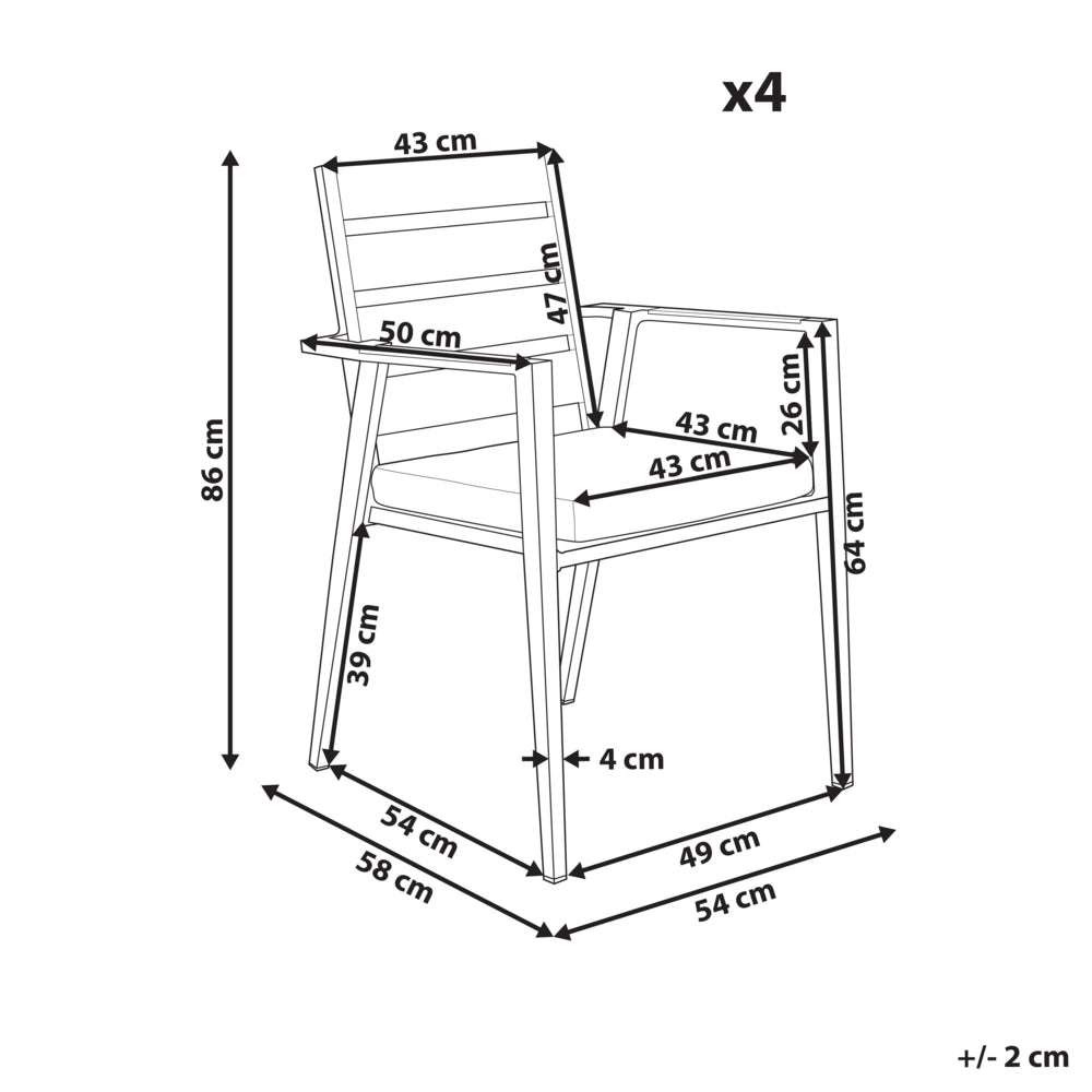 Set di 4 sedie da pranzo da giardino Struttura in alluminio bianco con cuscini di seduta grigi Schienale a doghe Design moderno