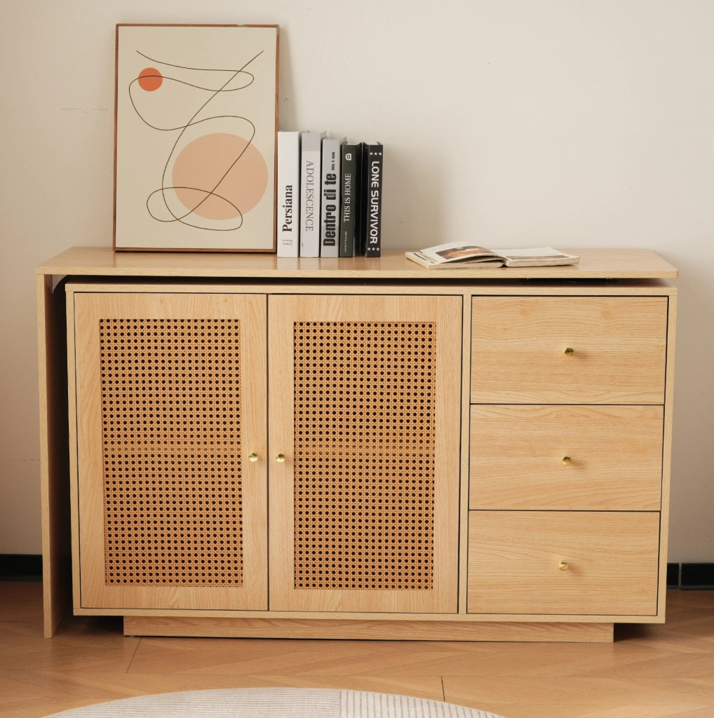 Scrivania 126x40x75 cm con tavoli girevoli a 360°; 3 armadi; MDF; naturale
