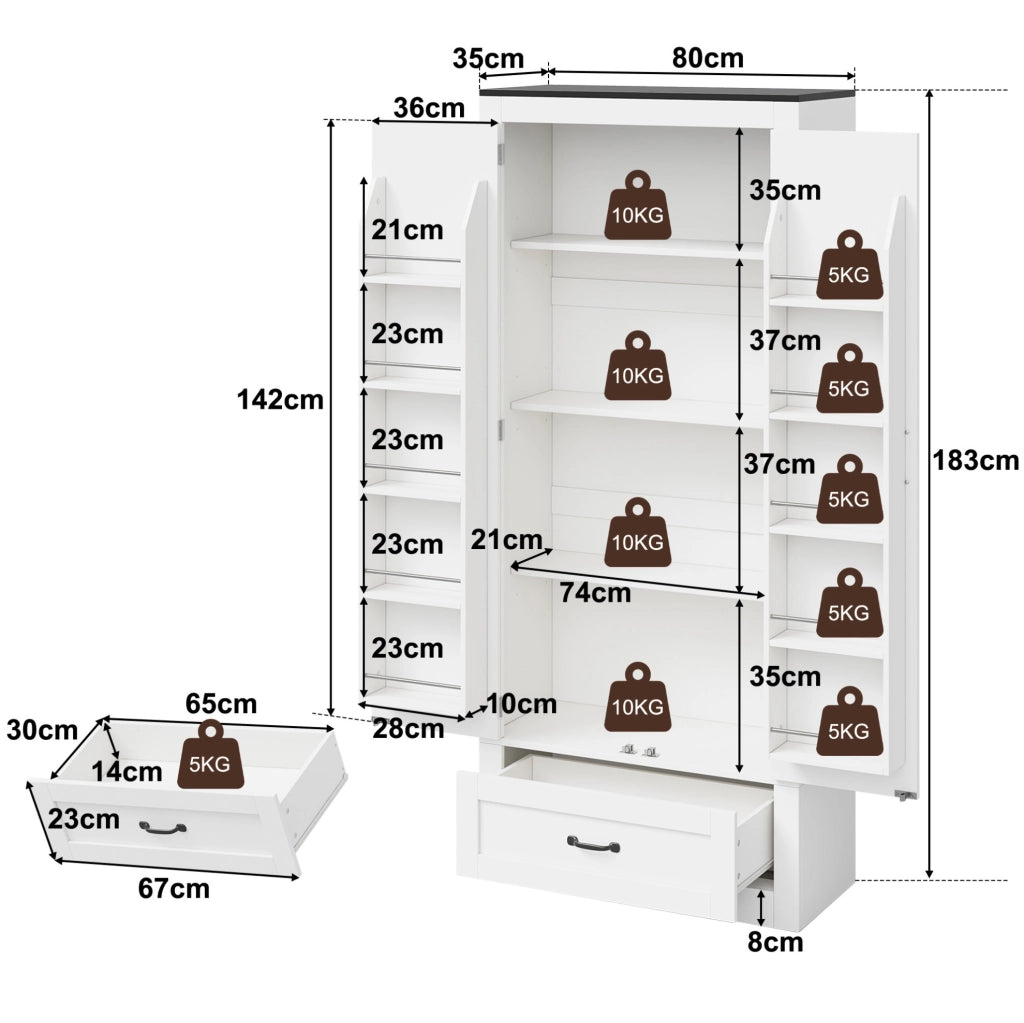 Armadio dispensa da cucina 80x35x183 cm con 2 ante e cassetto in MDF bianco