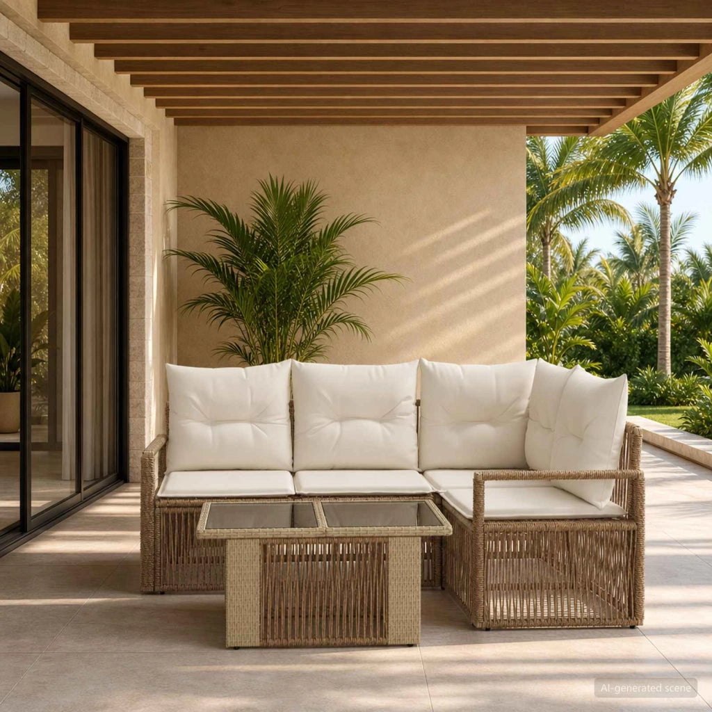 Set Divano da Giardino 5 pz Beige e Bianco Crema polyrattan 3437094