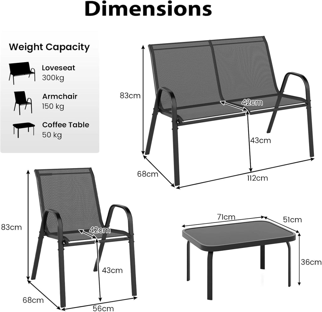 Set di mobili da giardino, 4 pezzi, per 4 persone, set di mobili da giardino, con 2 poltrone, 1 divano e 1 tavolino da caffè, mobili da esterno, per cortile, patio (grigio)