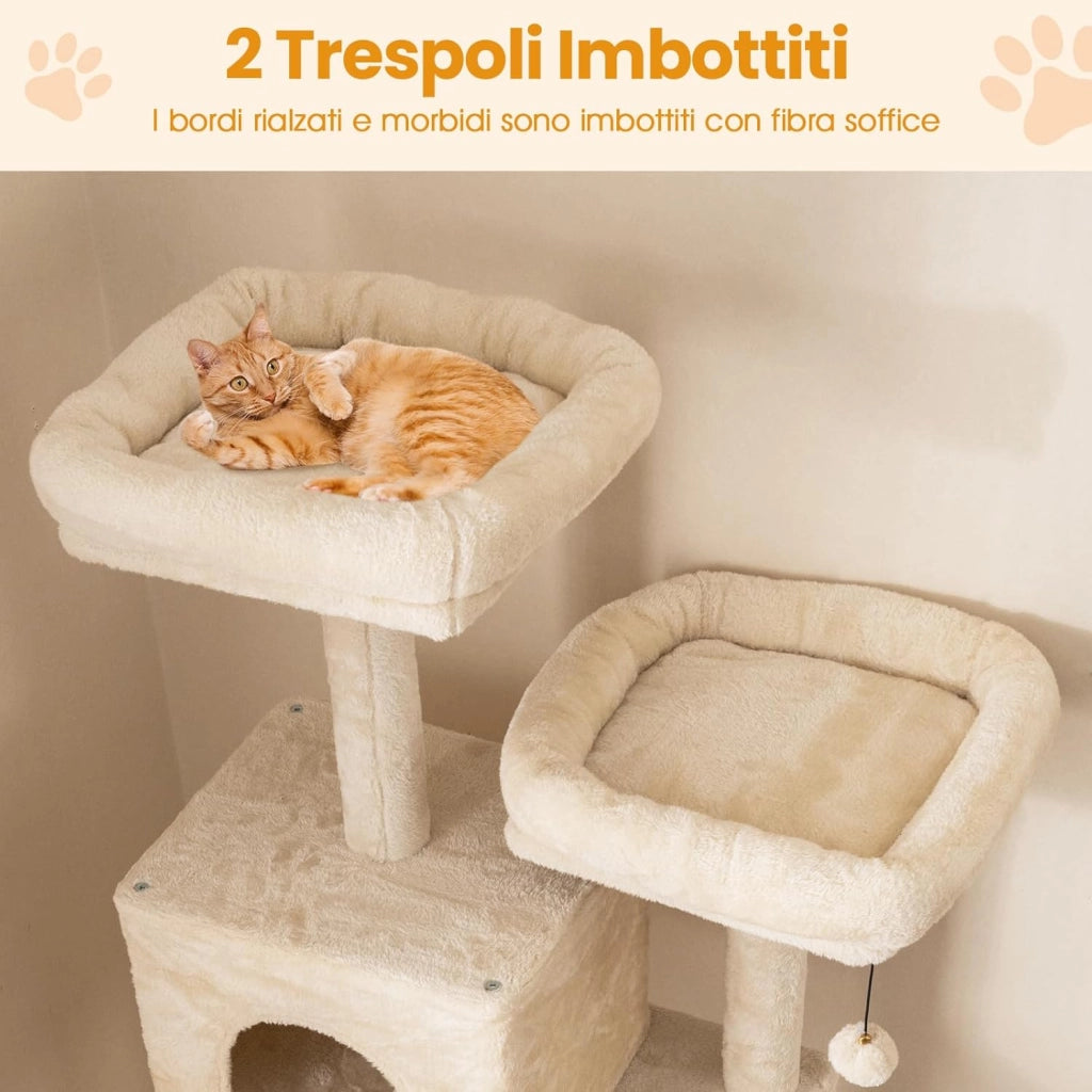 Albero per Gatti da Interno Alto 205 cm, Tiragraffi per Gattini con 2 Condomini, 2 Postazioni Soffici, Tiragraffi & Corda, Giochi Pendenti, Amaca e Piattaforme per Salti, Mobile per Gatti