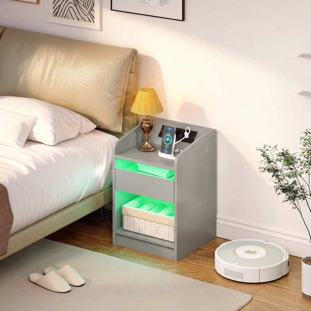 Comodino con illuminazione LED RGB e stazione di ricarica USB ¨C Xylo ¨C grigio 40x40x58 cm