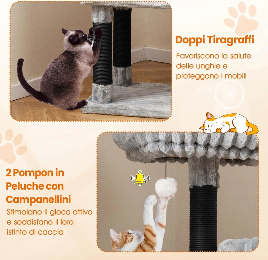 Albero per Gatti Alto 156 cm, Tiragraffi per Gatti con 2 Condo, 2 Letti a Ponte, Pali per Graffi, Palline Sonore Pendenti e Rivestimento Morbido in Flanella, Mobile per Gattini