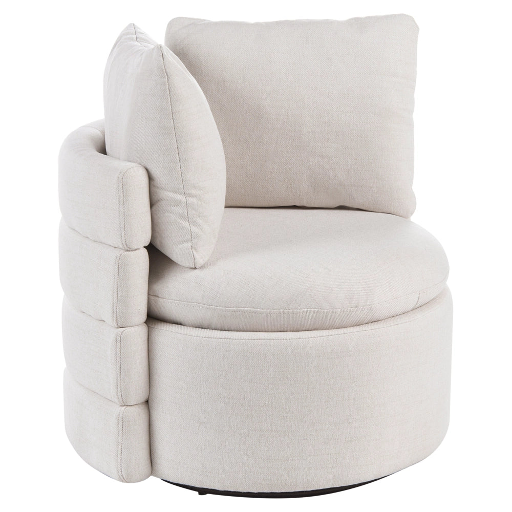 Poltrona in tessuto con schienale curvo base girevole a 360° con contenitore cuscini decorativi bianco sporco stile retrò angolo lettura