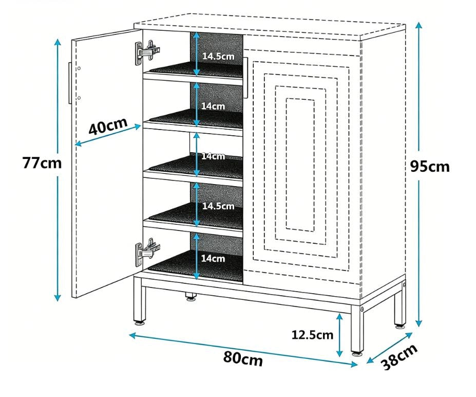 Scarpiera con 2 ante e 5 ripiani, motivo geometrico, per ingresso, in MDF e metallo, nero, 80 × 38 × 95 cm