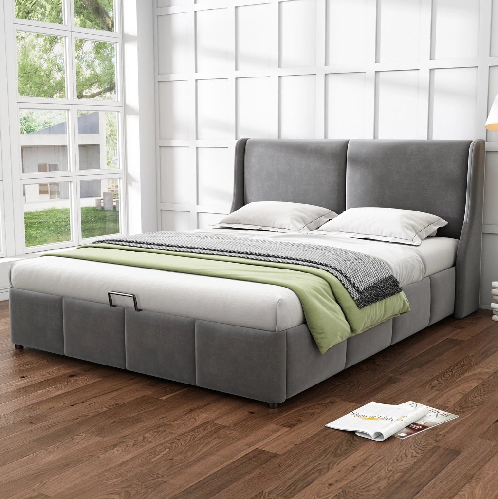 Letto imbottito con contenitore e rete a doghe 140x200 cm in velluto grigio