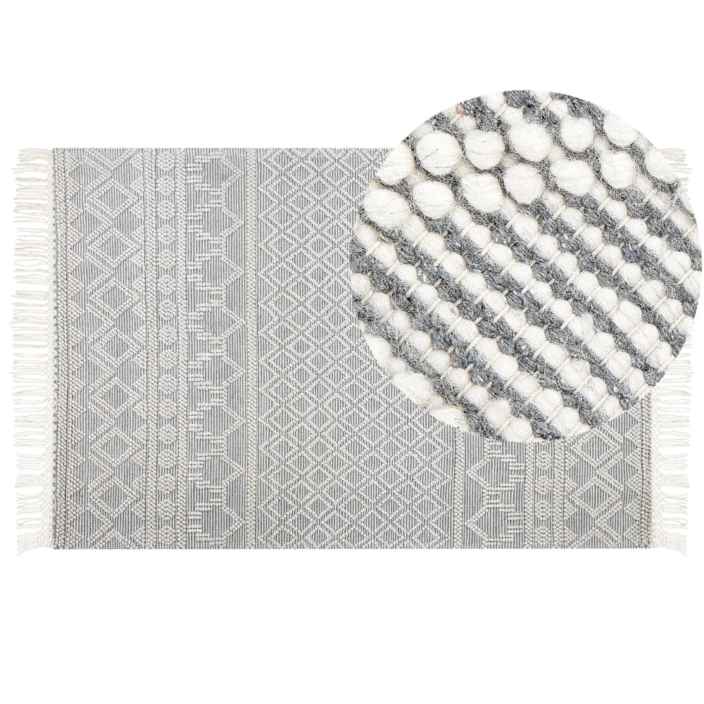 Tappeto in lana beige e grigio a mano con motivo geometrico e nappe 200 x 300 cm soggiorno camera da letto