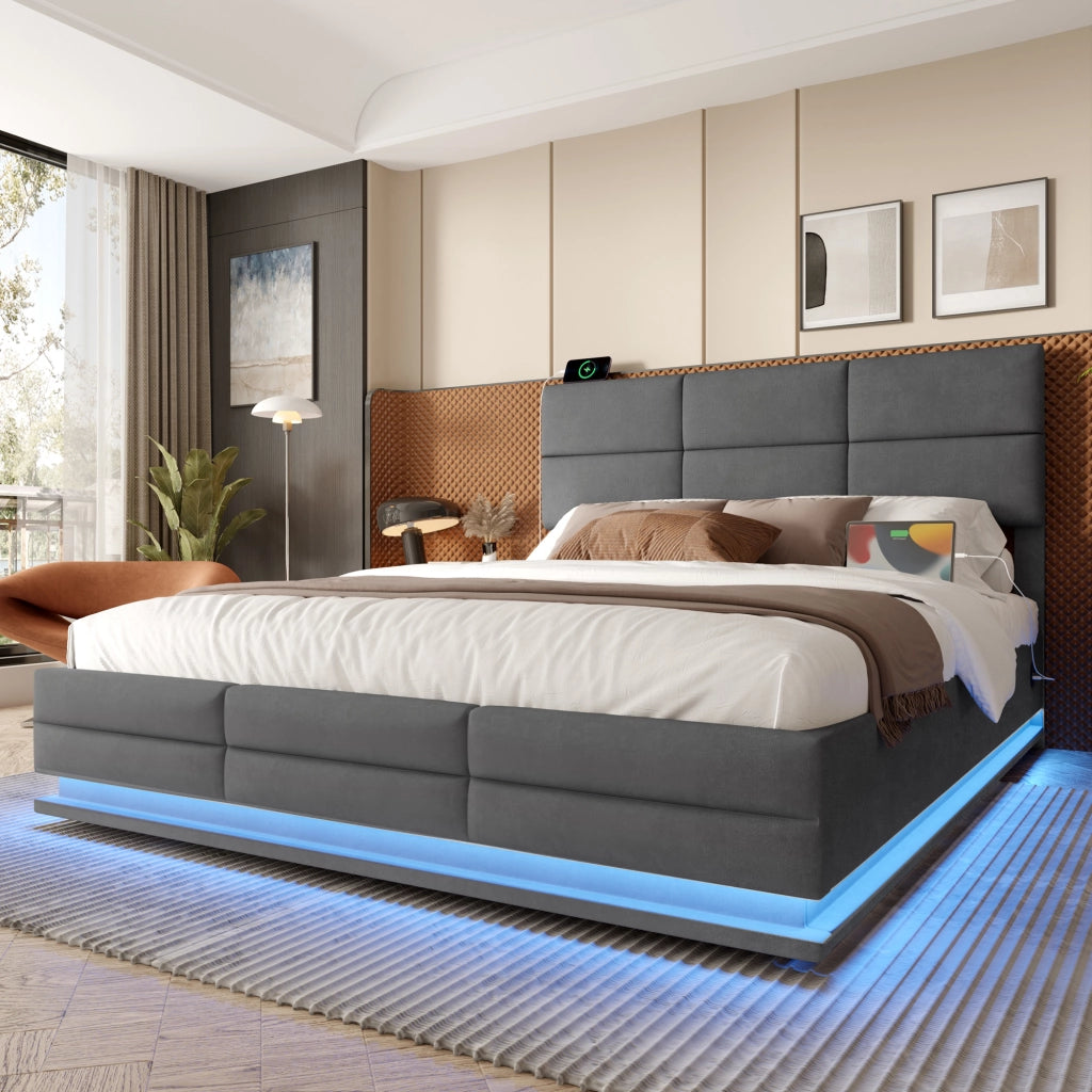 OKWISH Letto Contenitore 140×200 cm, Letto Matrimoniale con USB, Tipo C, LED Regolabile e Testiera Regolabile, senza Materasso, in Velluto, Grigio Scuro