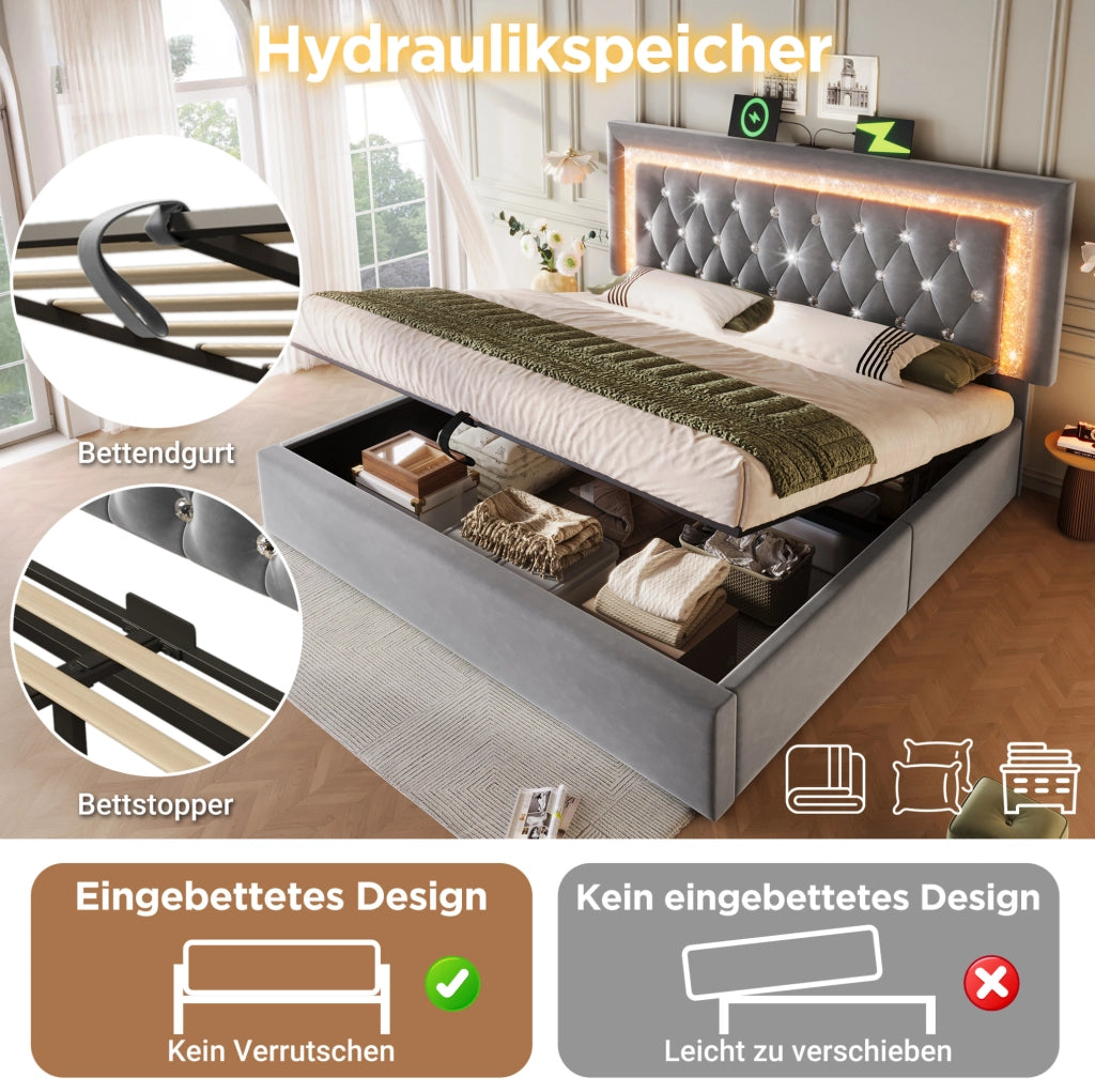 Letto imbottito con LED e vano contenitore