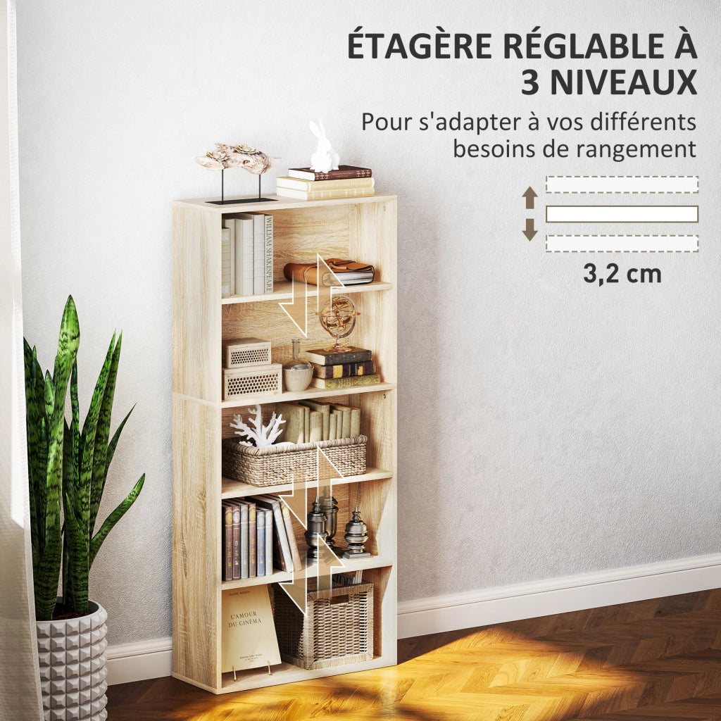 Libreria 5 livelli con ripiani regolabili ¨C zephmum ¨C naturale 60x24x133,5cm
