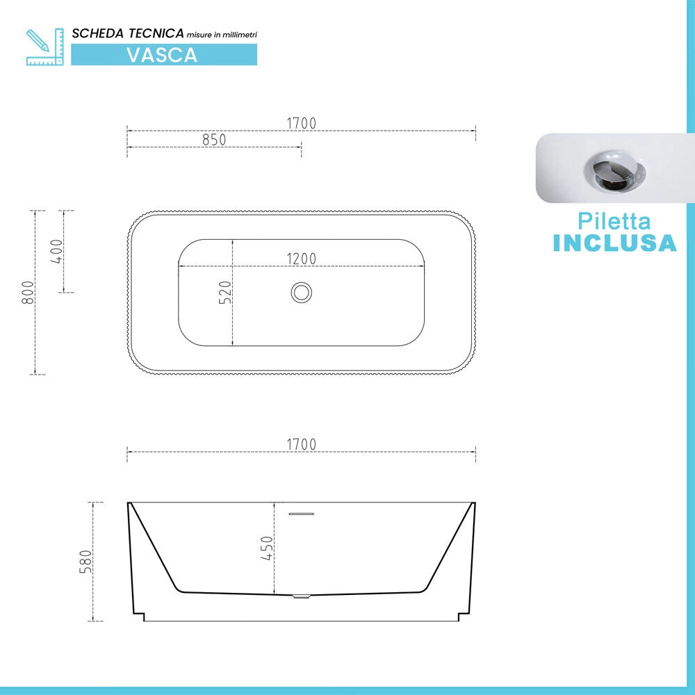 Vasca freestanding 170cm rettangolare con superficie cannettata in bianco lucido Venere