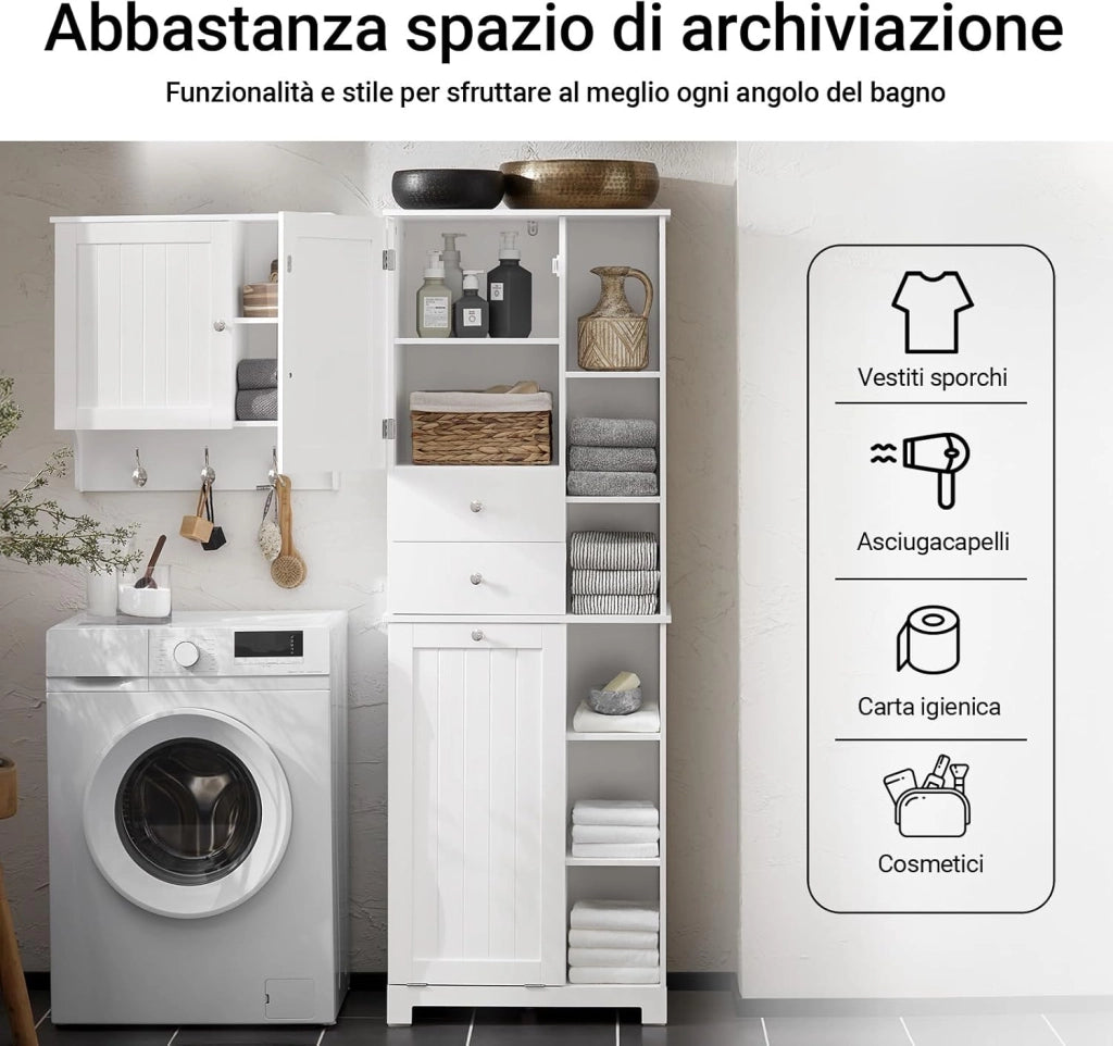 Mobile Bagno con Cesto per Linge Mobile Rangemento Alto Armadio Bagno con 6 Ripiani e 2 Cassetti Mobiletto Salvaspazio Bianco 60x37x171 cm BZR104-W