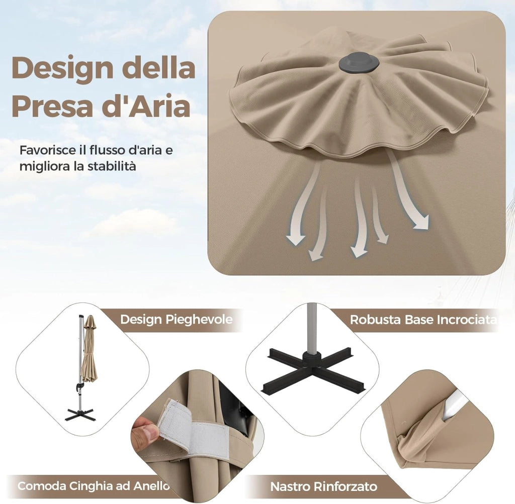 Ombrellone da Giardino 339 cm, Ombrello da Giardino Rotondo con Rotazione a 360°, Ombrellone da Giardino Inclinabile con Base, Ombrello da Sole per Giardino, Patio (Beige)
