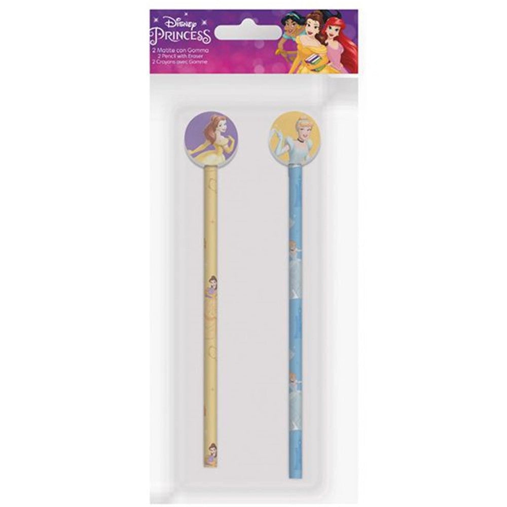 Trade Shop - Kit 2pz Matite Con Gomma Rotonda Grafica Principesse Per Disegno Scuola Bambine 960788 -