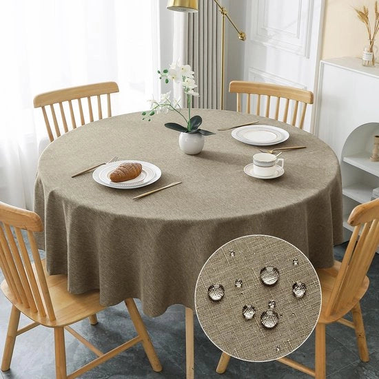 Tavolo Rotondo Copricucina Φ160cm, Tavolo Copricucina a Tela di Lino Caffè Scuro, Copricucina di Poliestere Idrorepellente con Effetto Lotus, Resistente ai Graffi per Salotto, Cucina, Terrazza, Giardino