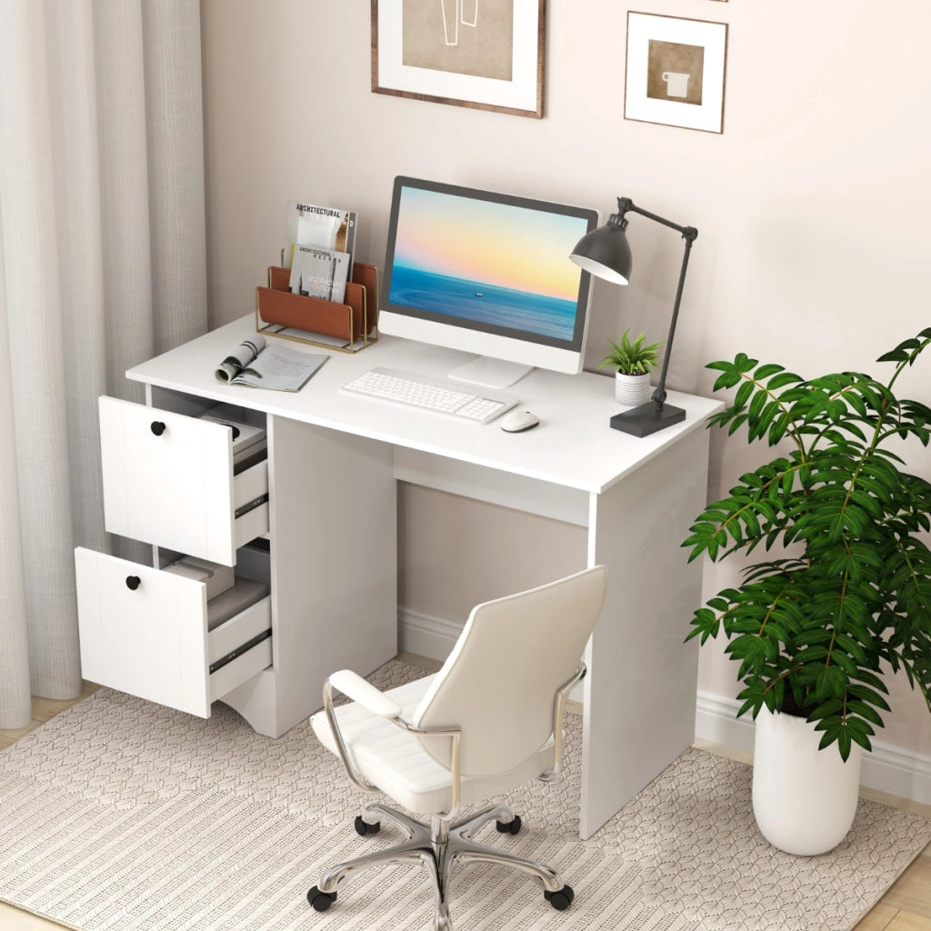 Scrivania per computer con 2 cassetti, Scrivania compatta da ufficio per casa Bianco