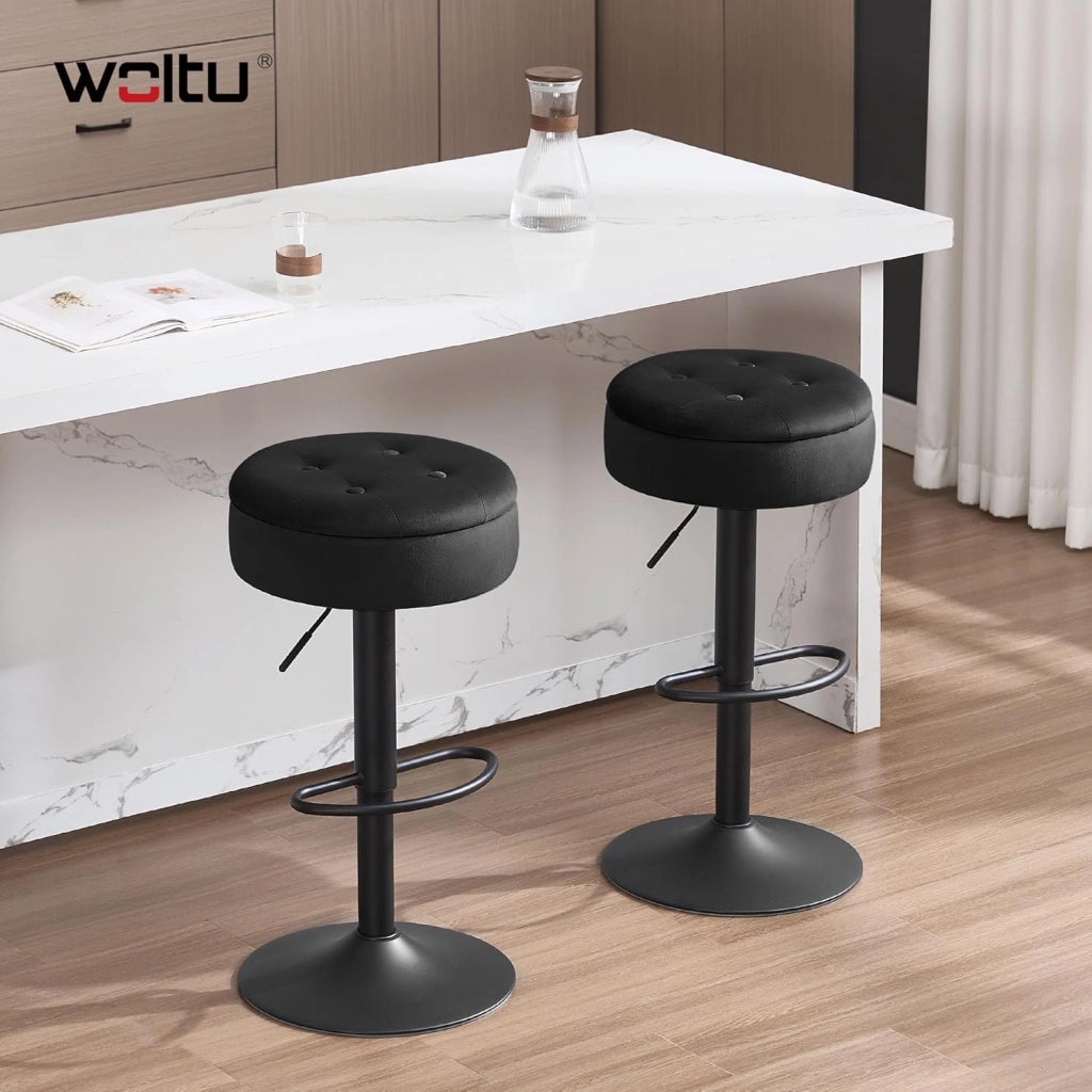 Set di 2 Sgabelli da Cucina, Sgabelli da Bar Alti con Spazio Contenitivo, Sedia Regolabili in Altezza e Girevoli a 360°, per Cucina Sala da Pranzo Bar Bancone, Velluto, Metallo, Nero