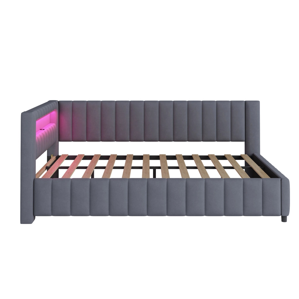 Letto imbottito a L 140x200 cm con LED e porta USB in velluto grigio