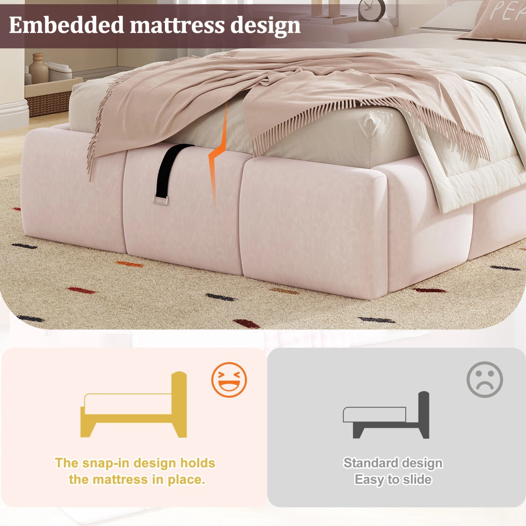 Letto imbottito 90 x 200 cm, letto per bambini, con vano portaoggetti, presa di ricarica USB, velluto, rosa