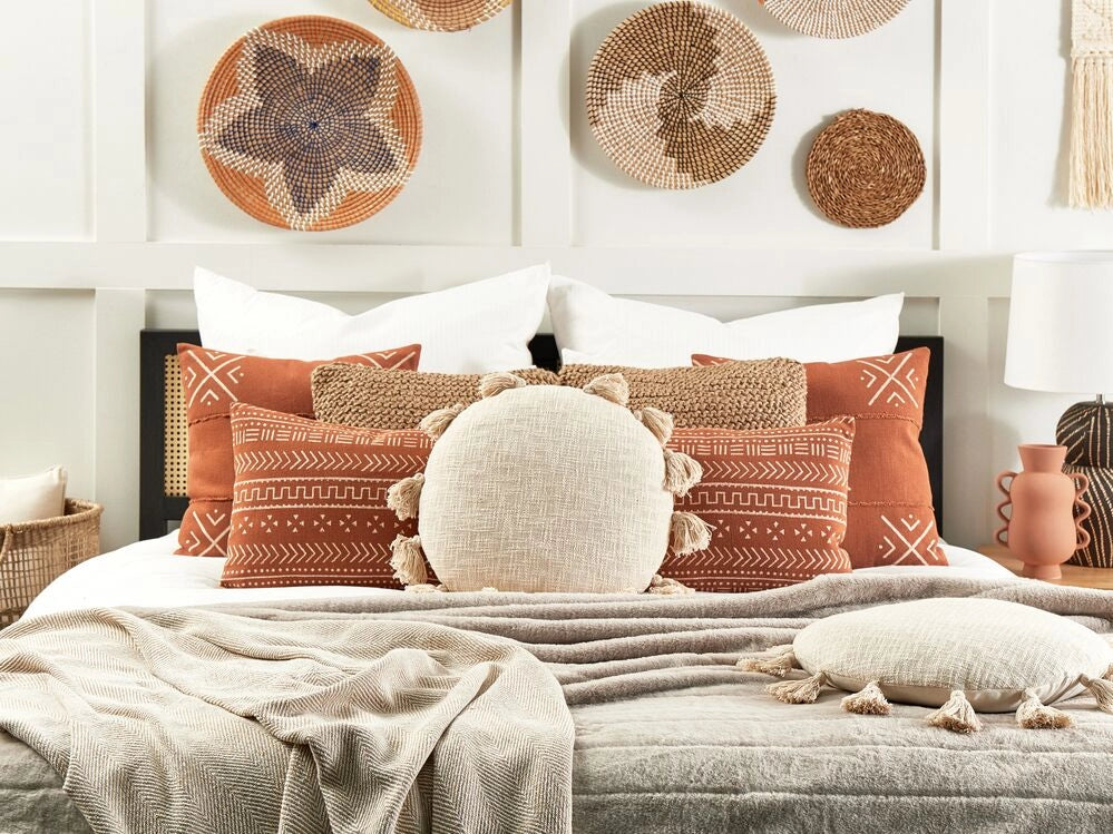 Cuscino decorativo cotone beige 45 cm rotondo con nappe moderni boho decor accessori