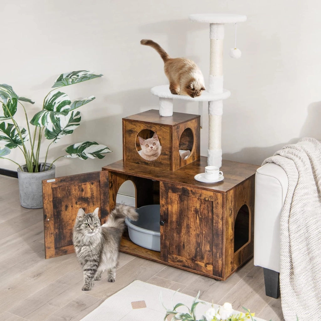 Tiragraffi per Gatti Adulti Con Cuccia, Piattaforma, Cuscini e Albero Alto in Legno - 77,5 x 49 x 132 cm