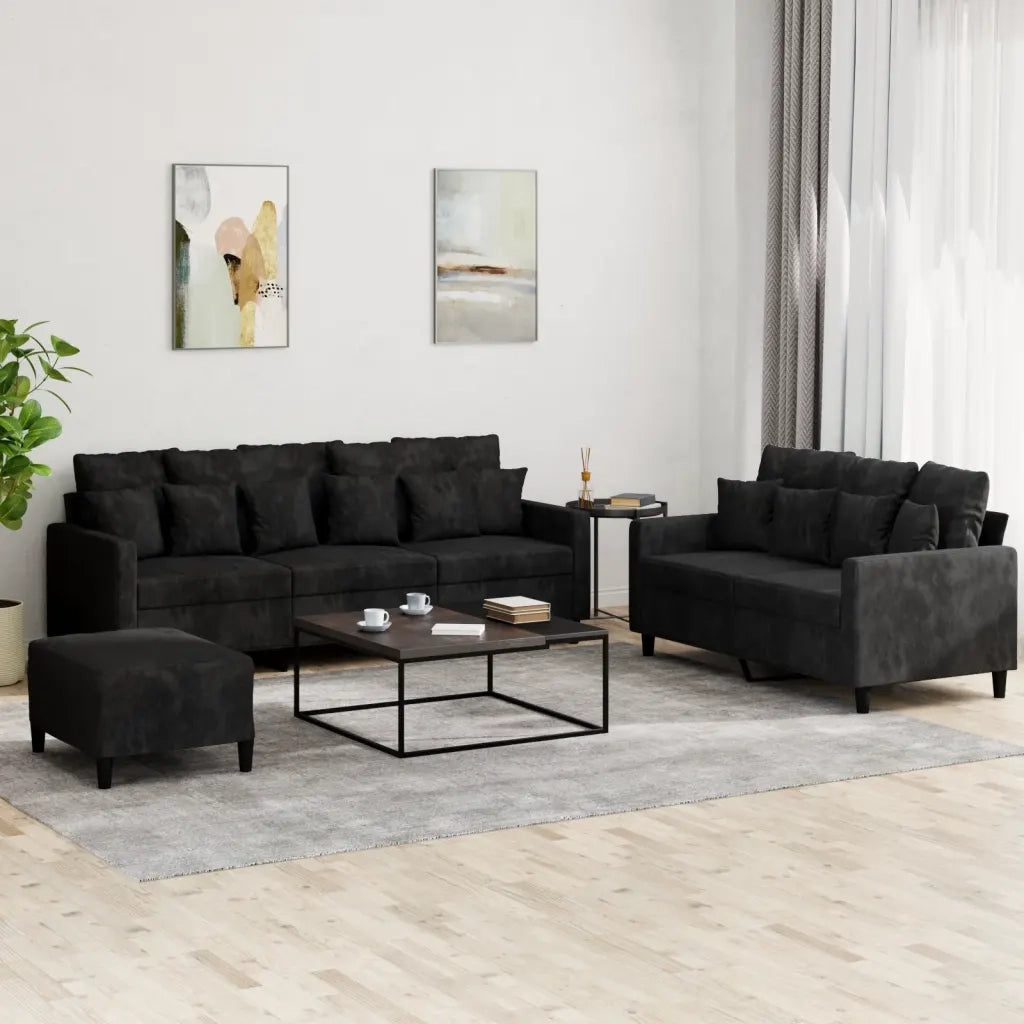 Set di Divani 3 pz con Cuscini Nero in Velluto