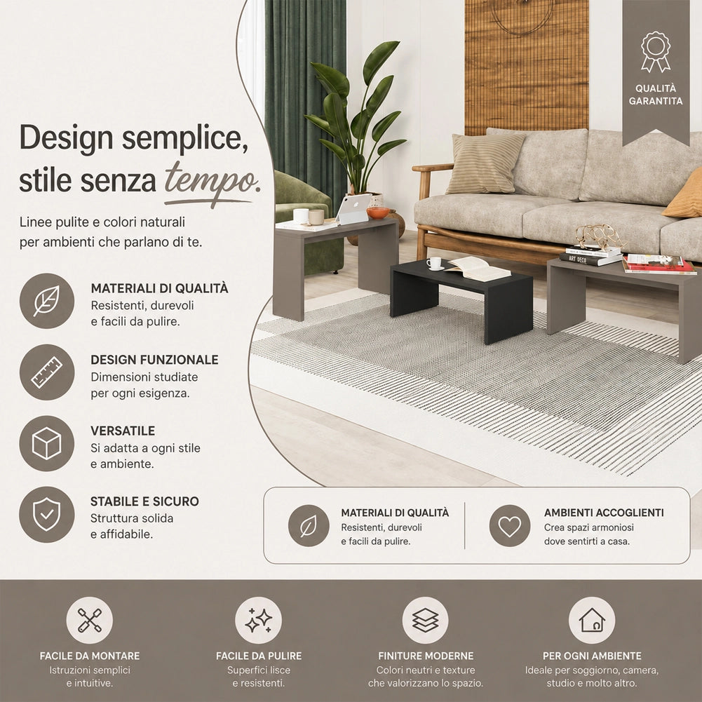 Set 3 Pezzi Tavolini Caffe Rettangolare a Incastro in Legno MDF Moka e Antracite