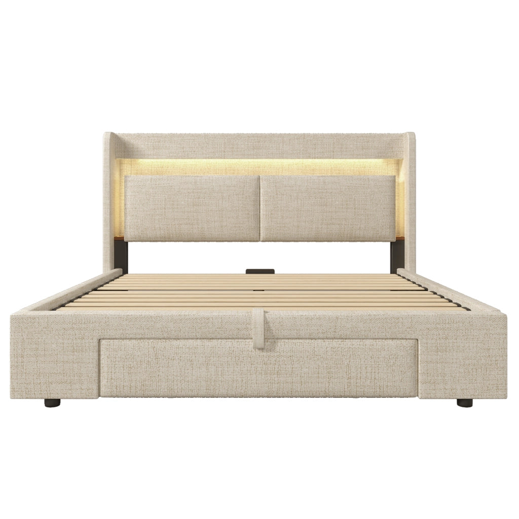 Letti contenitori 140x200 cm; contenitore idraulico e LED; lino; beige (Senza materasso)