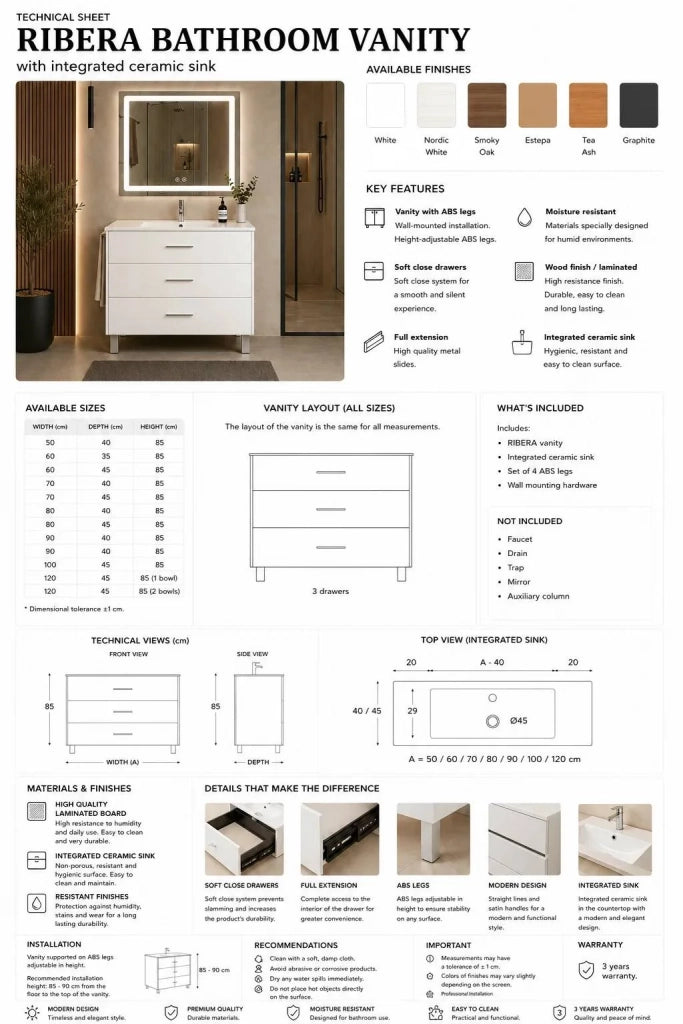 Mobile bagno con lavabo ORIGENBATH RIBERA senza specchio 50x40 cm estepa con colonna
