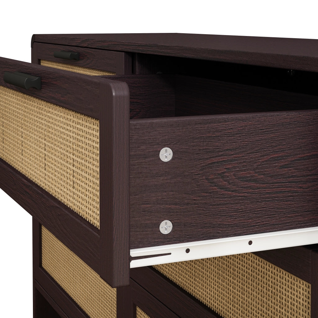 Cassettiera Ad Angolo con Angoli Arrotondati e 6 Cassetti in Rattan; Stile Naturale; in Pannelli di Particelle; 130??40??80 cm; Marrone Rossiccio