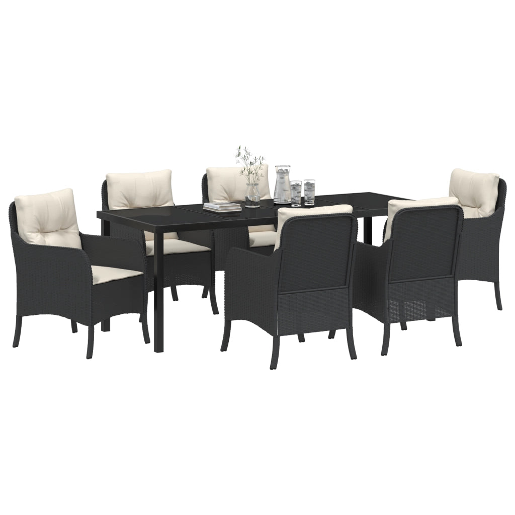 Set da pranzo da giardino con 7 pezzi con cuscini in rattan nero